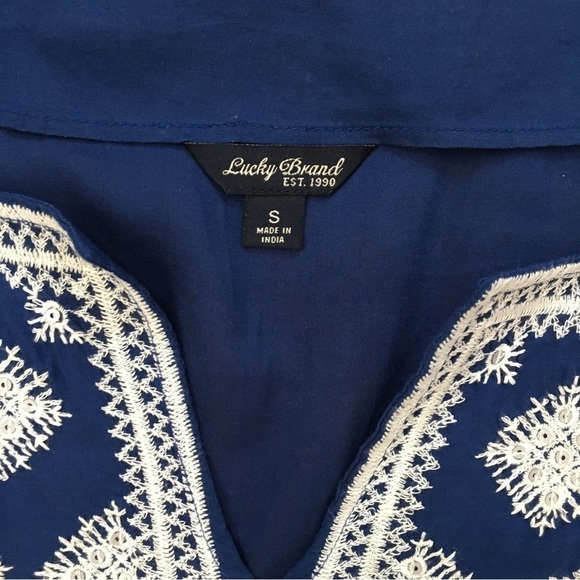 Lucky Brand Boho Embroidered Navy Blue 3/4 Long Sleeve Blouse Tunic - Picture 7 of 16